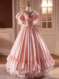 Pink Satin Lace Long Prom Dress, Beautiful A-Line V-Neck Evening Dress HZ0429
