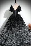 Black Silver Ombre Sequin Ball Gown with Puff Sleeves, Sparkly Floor-Length Prom Dress HZ0429