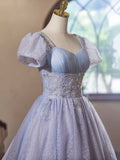 Light Purple Tulle Short Sleeves Homecoming Dress, Beautiful Knee Length Prom Party Dress HZ0429