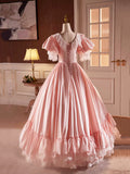 Pink Satin Lace Long Prom Dress, Beautiful A-Line V-Neck Evening Dress HZ0429