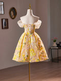 Yellow Floral Sequins Knee Length Prom Dress, Off the Shoulder Evening Party Dress HZ0429