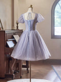 Light Purple Tulle Short Sleeves Homecoming Dress, Beautiful Knee Length Prom Party Dress HZ0429