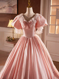 Pink Satin Lace Long Prom Dress, Beautiful A-Line V-Neck Evening Dress HZ0429