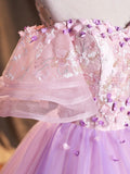 Purple Tulle Sequins Long Prom Dress, A-Line Off the Shoulder Evening Party Dress HZ0429