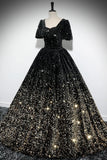 Black Gold Ombre Sequin Ball Gown with Puff Sleeves, Sparkly Floor-Length Prom Dress HZ0429