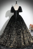 Black Gold Ombre Sequin Ball Gown with Puff Sleeves, Sparkly Floor-Length Prom Dress HZ0429