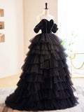 Black Velvet and Tulle Long Prom Dress, A-Line Off the Shoulder Formal Evening Dress HZ0429