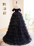 Black Velvet and Tulle Long Prom Dress, A-Line Off the Shoulder Formal Evening Dress HZ0429