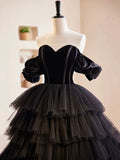 Black Velvet and Tulle Long Prom Dress, A-Line Off the Shoulder Formal Evening Dress HZ0429