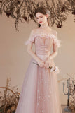 Pink Tulle Long A-line Prom Dress, Off the Shoulder Evening Dress HZ0429