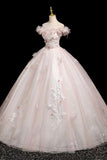Pink Tulle Lace Long Prom Dress, A-Line Off the Shoulder Party Dress HZ0429