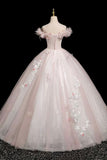 Pink Tulle Lace Long Prom Dress, A-Line Off the Shoulder Party Dress HZ0429