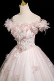 Pink Tulle Lace Long Prom Dress, A-Line Off the Shoulder Party Dress HZ0429