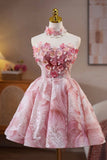 Pink Beads Pearl Sequins Short Party Dress, A-Line Strapless Evening Party Dress HZ0429