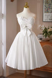 White Satin Short Prom Dress, Lovely A-Line Strapless Party Dress with Corset HZ0429