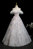 Lovely Floral Print Off the Shoulder Long Prom Dress, White A-Line Party Dress HZ0429