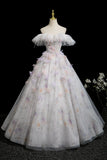 Lovely Floral Print Off the Shoulder Long Prom Dress, White A-Line Party Dress HZ0429