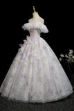 Lovely Floral Print Off the Shoulder Long Prom Dress, White A-Line Party Dress HZ0429