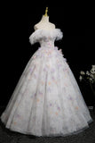 Lovely Floral Print Off the Shoulder Long Prom Dress, White A-Line Party Dress HZ0429