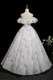 Lovely Floral Print Off the Shoulder Long Prom Dress, White A-Line Party Dress HZ0429