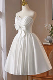 White Satin Short Prom Dress, Lovely A-Line Strapless Party Dress with Corset HZ0429