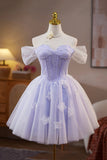 Lilac Lace Off the Shoulder Short Prom Dress, A-Line Birthday Party Dress HZ0429