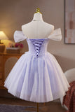Lilac Lace Off the Shoulder Short Prom Dress, A-Line Birthday Party Dress HZ0429