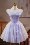 Lilac Lace Off the Shoulder Short Prom Dress, A-Line Birthday Party Dress HZ0429