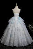 Blue Glitter Lace Flower Prom Dress, Beautiful A-Line Strapless Evening Party Dress HZ0429
