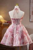 Pink Beads Pearl Sequins Short Party Dress, A-Line Strapless Evening Party Dress HZ0429