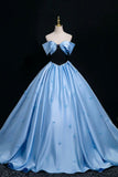 Black Velvet and Blue Satin Long Prom Dress, A-Line Off the Shoulder Party Dress HZ0429