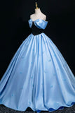 Black Velvet and Blue Satin Long Prom Dress, A-Line Off the Shoulder Party Dress HZ0429