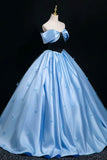 Black Velvet and Blue Satin Long Prom Dress, A-Line Off the Shoulder Party Dress HZ0429