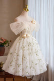 Champagne Tulle Floral Short Prom Dress, Beautiful A-Line Evening Party Dress HZ0429
