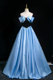 Black Velvet and Blue Satin Long Prom Dress, A-Line Off the Shoulder Party Dress HZ0429