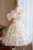 Champagne Tulle Floral Short Prom Dress, Beautiful A-Line Evening Party Dress HZ0429
