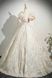 Champagne Satin Printed Long Prom Dress, Lovely A-Line Short Sleeve Party Dress HZ0429