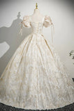 Champagne Satin Printed Long Prom Dress, Lovely A-Line Short Sleeve Party Dress HZ0429