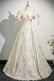 Champagne Satin Printed Long Prom Dress, Lovely A-Line Short Sleeve Party Dress HZ0429