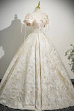 Champagne Satin Printed Long Prom Dress, Lovely A-Line Short Sleeve Party Dress HZ0429
