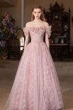 Pink Tulle Long Prom Dress, Beautiful A-Line Off the Shoulder Party Dress HZ0429