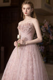Pink Tulle Long Prom Dress, Beautiful A-Line Off the Shoulder Party Dress HZ0429