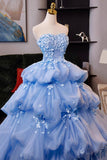 Blue Tulle Flowers Long Prom Dress, Blue Strapless A-line Evening Party Dress HZ0429