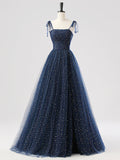 Navy Tulle Spaghetti Strap Long Prom Dress, A-Line Corset Evening Party Dress HZ0429