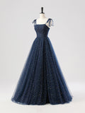 Navy Tulle Spaghetti Strap Long Prom Dress, A-Line Corset Evening Party Dress HZ0429