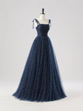 Navy Tulle Spaghetti Strap Long Prom Dress, A-Line Corset Evening Party Dress HZ0429