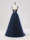 Navy Tulle Spaghetti Strap Long Prom Dress, A-Line Corset Evening Party Dress HZ0429