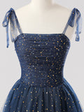 Navy Tulle Spaghetti Strap Long Prom Dress, A-Line Corset Evening Party Dress HZ0429