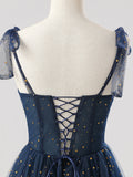 Navy Tulle Spaghetti Strap Long Prom Dress, A-Line Corset Evening Party Dress HZ0429