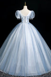 Blue Tulle Lace Long Prom Dress, Blue Short Sleeve Evening Party Dress HZ0429